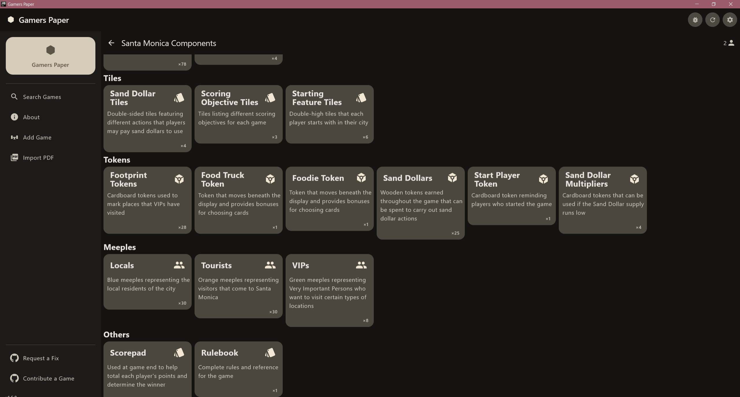 Component reference for Santa Monica showing tiles, tokens, and meeples Santa Monica components